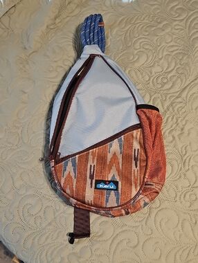 Kavu Men's Sling Bag in Rust Aztec with Light Gray and Blue Rope